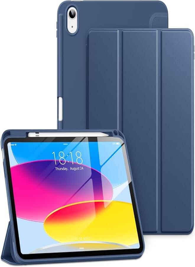 DTTO iPad 10th Generation Case 10.5 Inch 2022, Slim Tri-fold Stand Soft TPU Back with Pencil Holder for iPad 10 Case - Support 2nd Apple Pencil, Auto Sleep/Wake, and Honeycomb Grid Cushion, Navy Blue